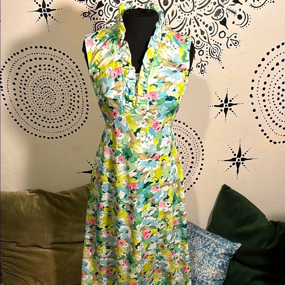 Vintage Multicolored Maxi Sundress with Ruffled Neck